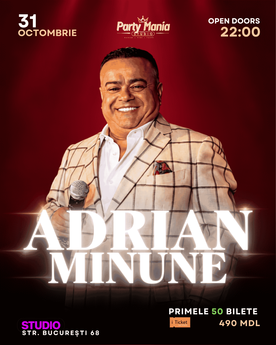 Afiș: 31 OCTOMBRIE — ADRIAN MINUNE LIVE la STUDIO CLUB! 🔥, sâmbătă, 31 octombrie